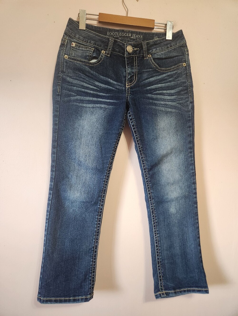 Y2K Bootlegger Dreyfus Cropped Jeans Medium Wash Flap Pocket Western Denim Sz M